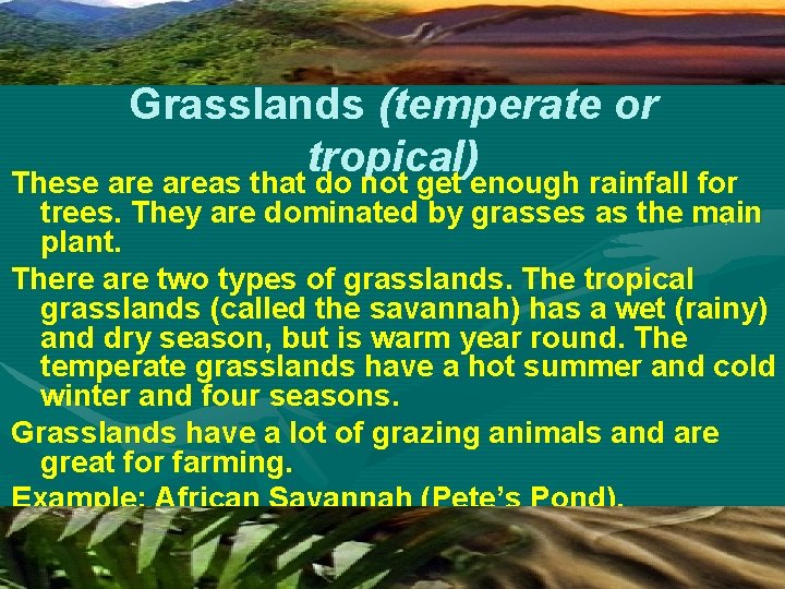 Grasslands (temperate or tropical) These areas that do not get enough rainfall for trees.