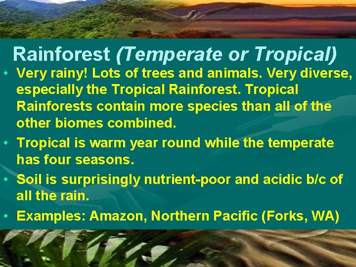 Rainforest (Temperate or Tropical) • Very rainy! Lots of trees and animals. Very diverse,