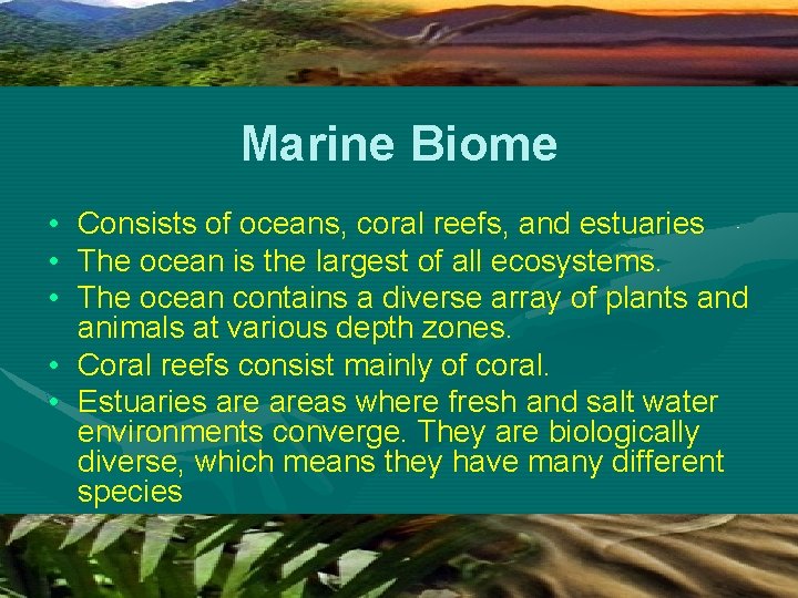 Marine Biome • • • Consists of oceans, coral reefs, and estuaries The ocean
