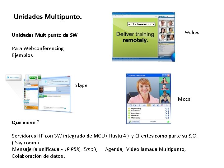 Unidades Multipunto de SW Webex Para Webconferencing Ejemplos Skype Mocs Que viene ? Servidores