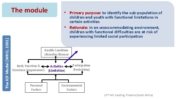 The module • Primary purpose: to identify the sub-population of The ICF Model (WHO,