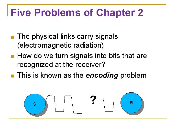 Five Problems of Chapter 2 The physical links carry signals (electromagnetic radiation) How do