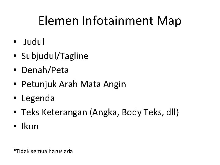 Elemen Infotainment Map • • Judul Subjudul/Tagline Denah/Peta Petunjuk Arah Mata Angin Legenda Teks