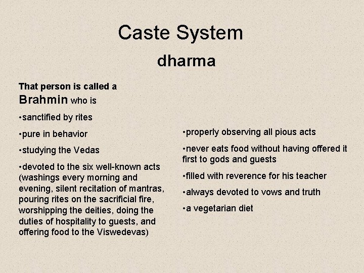 Caste System dharma That person is called a Brahmin who is • sanctified by