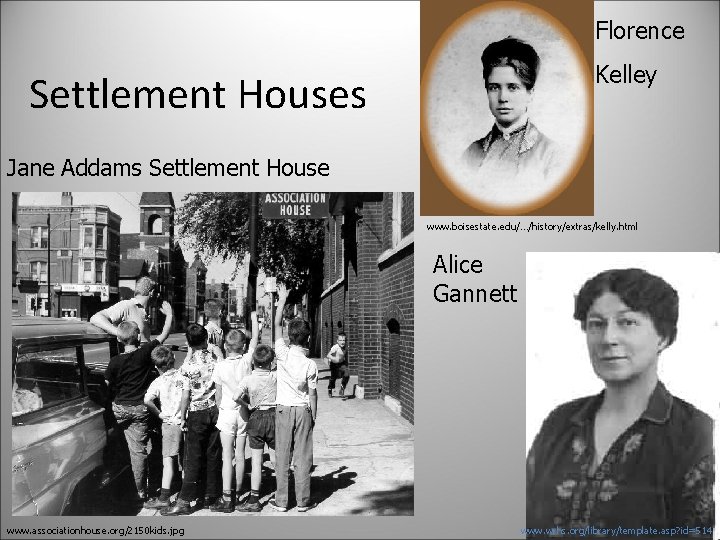 Florence Kelley Settlement Houses Jane Addams Settlement House www. boisestate. edu/…/history/extras/kelly. html Alice Gannett