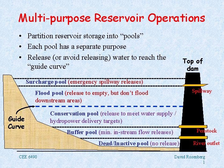 Multi-purpose Reservoir Operations • Partition reservoir storage into “pools” • Each pool has a