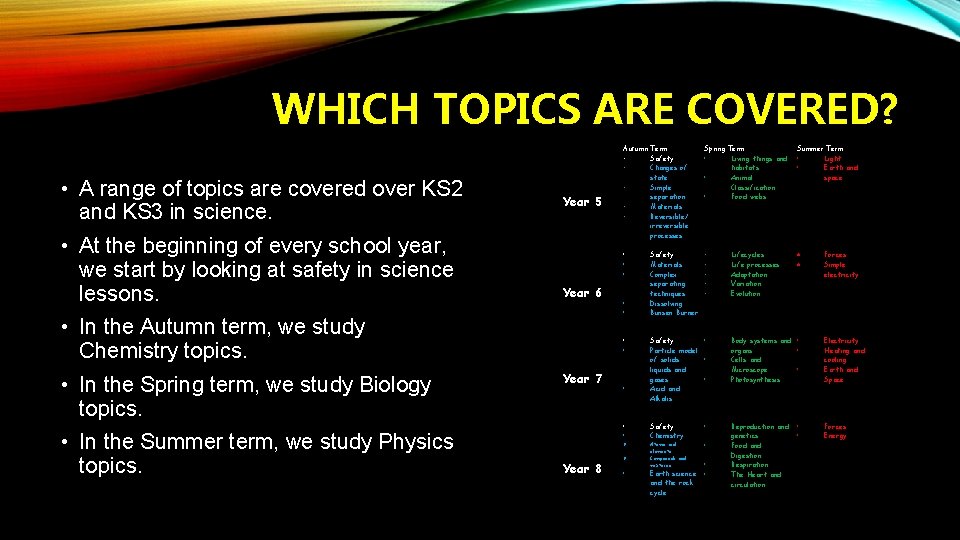 WHICH TOPICS ARE COVERED? • A range of topics are covered over KS 2