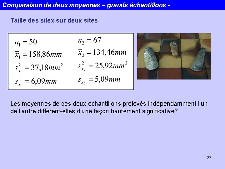 Comparaison de deux moyennes – grands échantillons Taille des silex sur deux sites Les