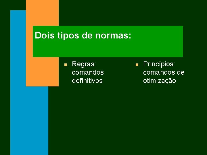 Dois tipos de normas: n Regras: comandos definitivos n Princípios: comandos de otimização 