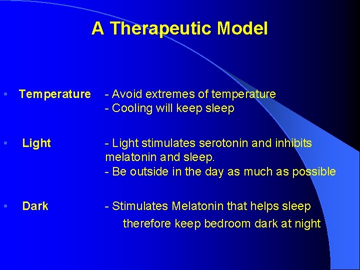 A Therapeutic Model • Temperature - Avoid extremes of temperature - Cooling will keep A Therapeutic Model • Temperature - Avoid extremes of temperature - Cooling will keep