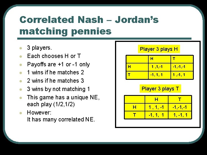 Correlated Nash – Jordan’s matching pennies l l l l 3 players. Each chooses