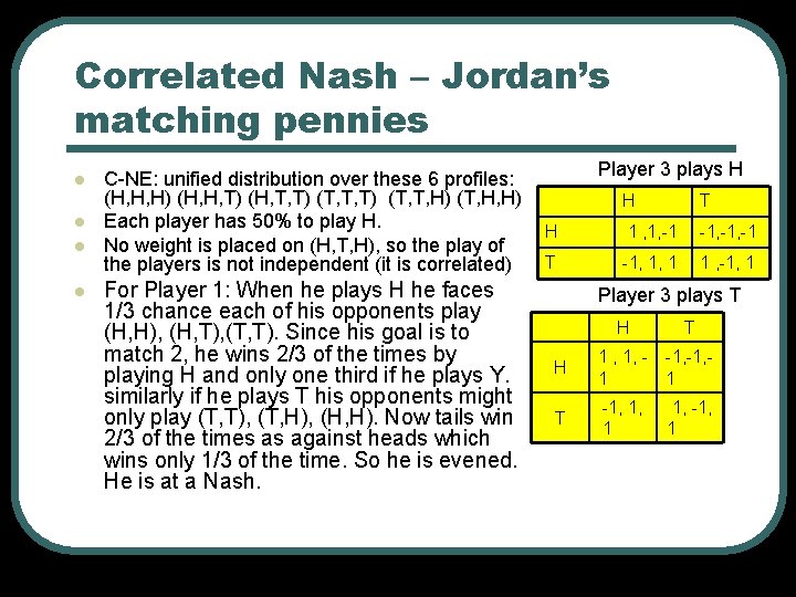 Correlated Nash – Jordan’s matching pennies l l C-NE: unified distribution over these 6