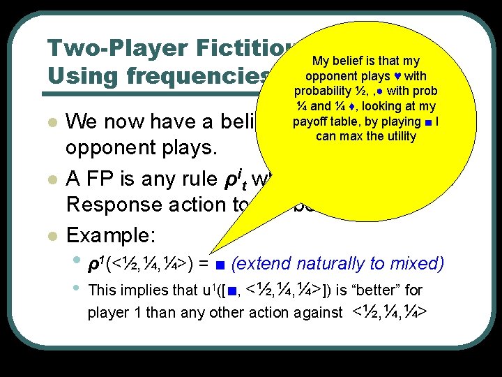 Two-Player Fictitious. My. Play – belief is that my Using frequencies 2 opponent plays