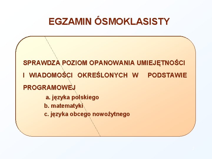 EGZAMIN ÓSMOKLASISTY SPRAWDZA POZIOM OPANOWANIA UMIEJĘTNOŚCI I WIADOMOŚCI OKREŚLONYCH W PODSTAWIE PROGRAMOWEJ a. języka