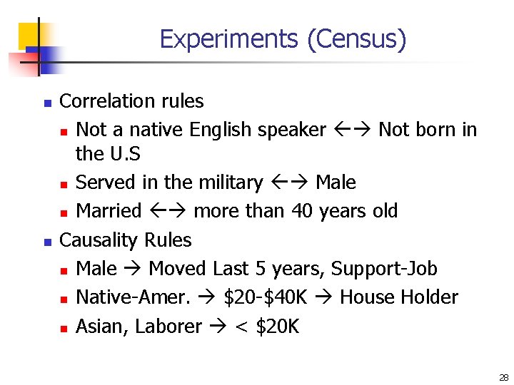 Experiments (Census) n n Correlation rules n Not a native English speaker Not born