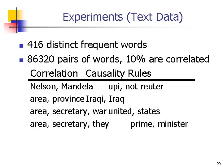 Experiments (Text Data) n n 416 distinct frequent words 86320 pairs of words, 10%