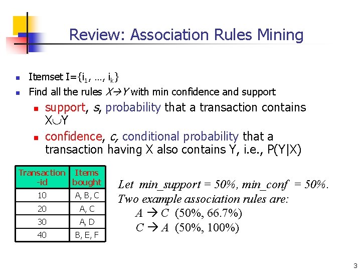 Review: Association Rules Mining n Itemset I={i 1, …, ik} n Find all the