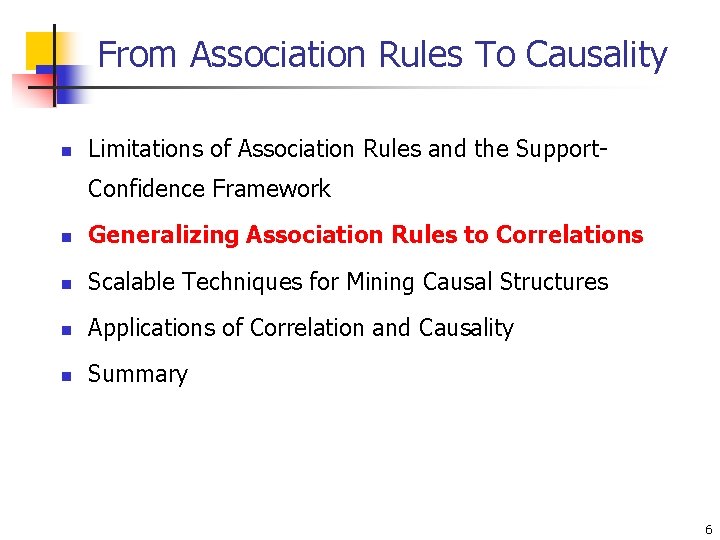 From Association Rules To Causality n Limitations of Association Rules and the Support. Confidence