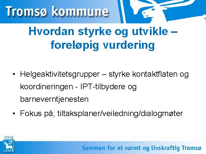 Hvordan styrke og utvikle – foreløpig vurdering • Helgeaktivitetsgrupper – styrke kontaktflaten og koordineringen