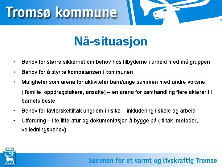 Nå-situasjon • Behov for større sikkerhet om behov hos tilbyderne i arbeid med målgruppen