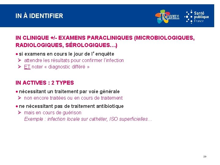 IN À IDENTIFIER IN CLINIQUE +/- EXAMENS PARACLINIQUES (MICROBIOLOGIQUES, RADIOLOGIQUES, SÉROLOGIQUES…) · si examens