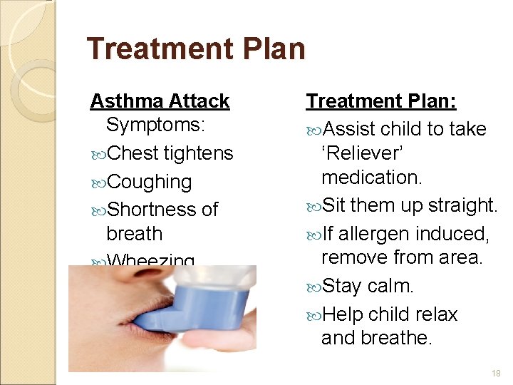 Treatment Plan Asthma Attack Symptoms: Chest tightens Coughing Shortness of breath Wheezing Treatment Plan: