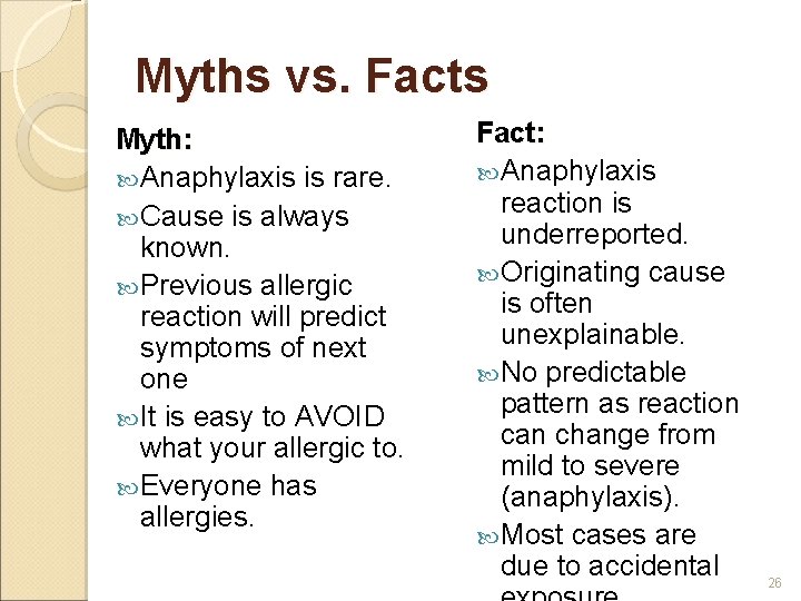 Myths vs. Facts Myth: Anaphylaxis is rare. Cause is always known. Previous allergic reaction