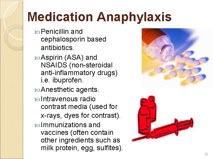 Medication Anaphylaxis Penicillin and cephalosporin based antibiotics. Aspirin (ASA) and NSAIDS (non-steroidal anti-inflammatory drugs)