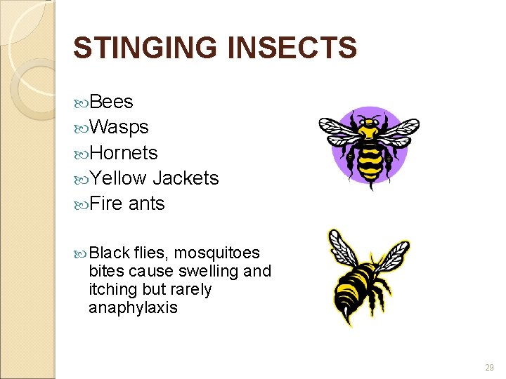 STINGING INSECTS Bees Wasps Hornets Yellow Jackets Fire ants Black flies, mosquitoes bites cause