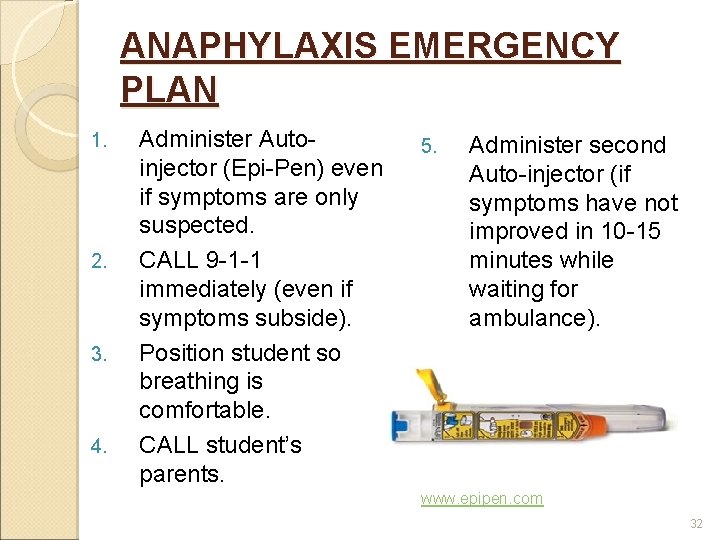 ANAPHYLAXIS EMERGENCY PLAN 1. 2. 3. 4. Administer Autoinjector (Epi-Pen) even if symptoms are