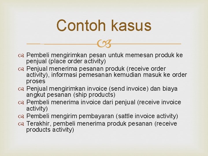 Contoh kasus Pembeli mengirimkan pesan untuk memesan produk ke penjual (place order activity) Penjual Contoh kasus Pembeli mengirimkan pesan untuk memesan produk ke penjual (place order activity) Penjual