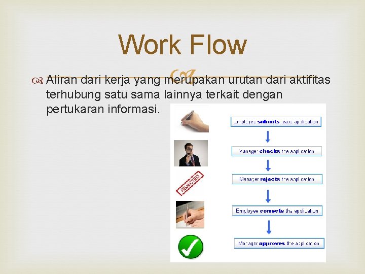 Work Flow Aliran dari kerja yang merupakan urutan dari aktifitas terhubung satu sama lainnya Work Flow Aliran dari kerja yang merupakan urutan dari aktifitas terhubung satu sama lainnya