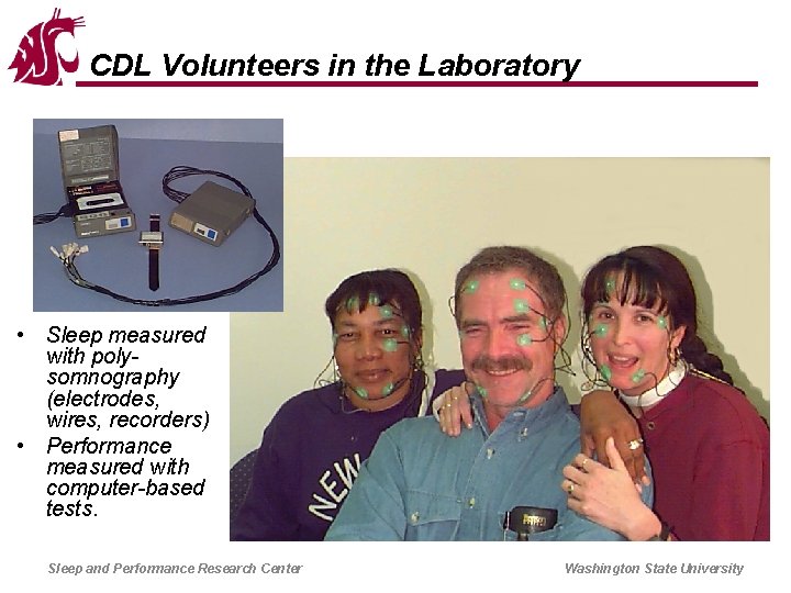 CDL Volunteers in the Laboratory • Sleep measured with polysomnography (electrodes, wires, recorders) •