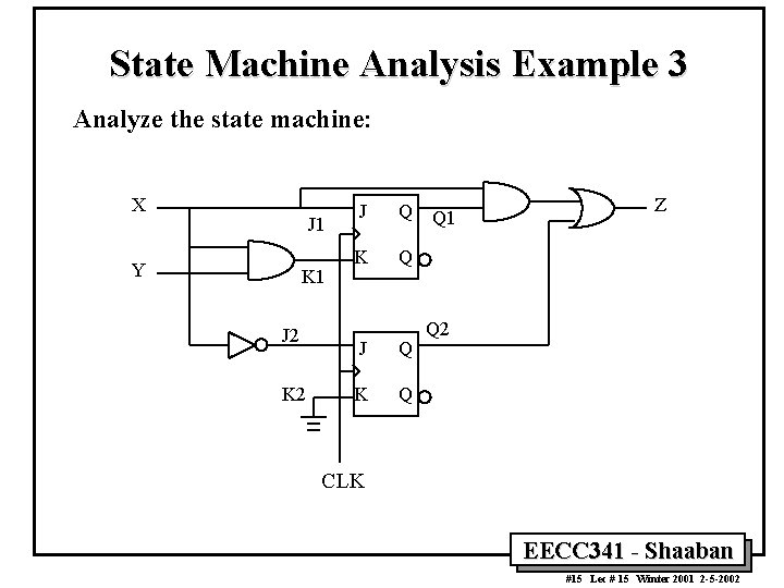 State Machine Analysis Example 3 Analyze the state machine: X J 1 Y K State Machine Analysis Example 3 Analyze the state machine: X J 1 Y K