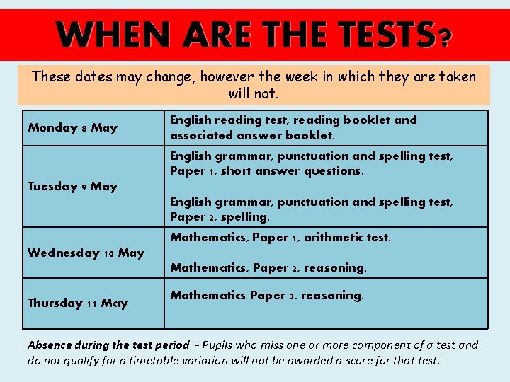 WHEN ARE THE TESTS? These dates may change, however the week in which they