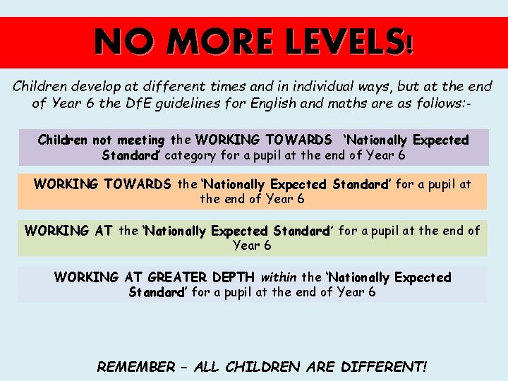 NO MORE LEVELS! Children develop at different times and in individual ways, but at