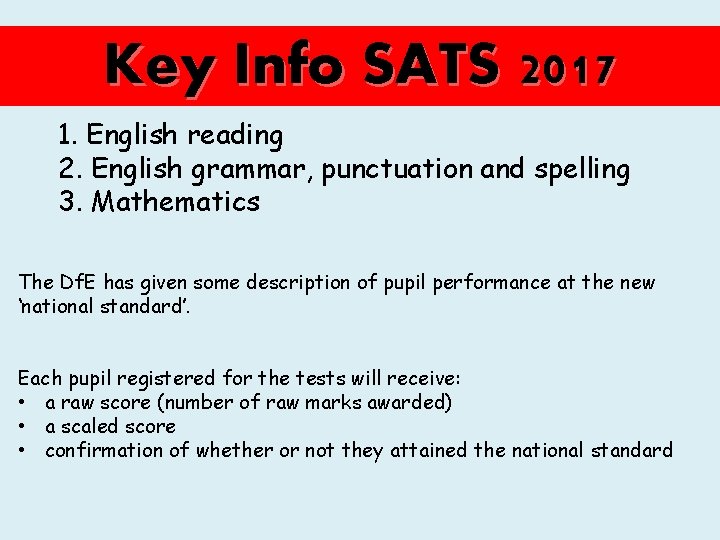 Key Info SATS 2017 1. English reading 2. English grammar, punctuation and spelling 3.