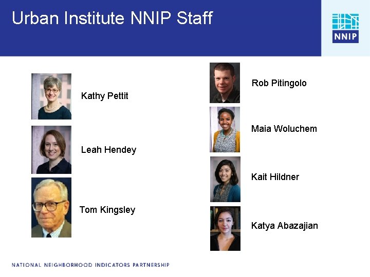 Urban Institute NNIP Staff Rob Pitingolo Kathy Pettit Maia Woluchem Leah Hendey Kait Hildner Urban Institute NNIP Staff Rob Pitingolo Kathy Pettit Maia Woluchem Leah Hendey Kait Hildner