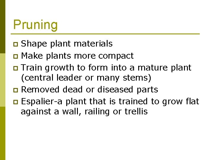 Pruning Shape plant materials p Make plants more compact p Train growth to form