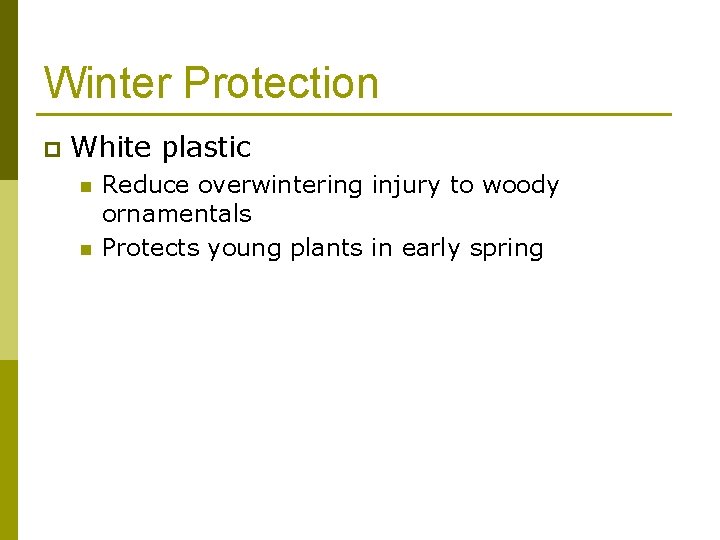 Winter Protection p White plastic n n Reduce overwintering injury to woody ornamentals Protects