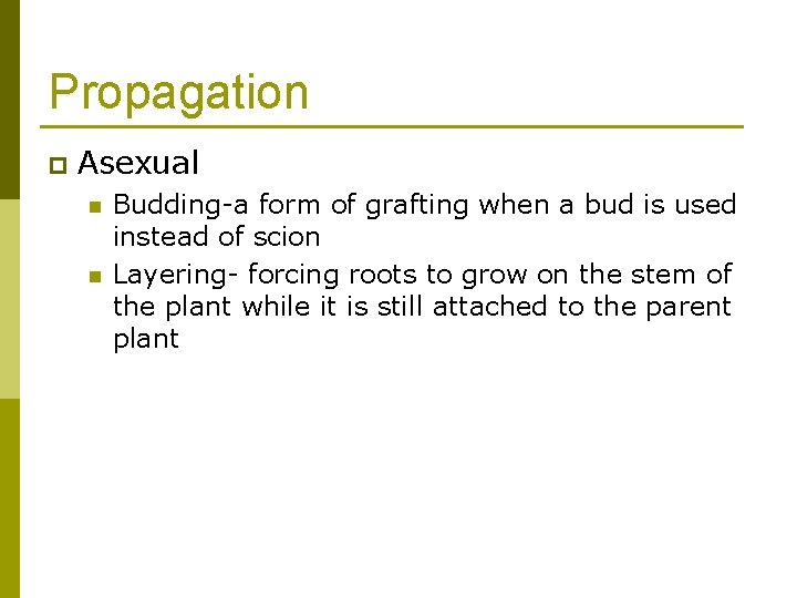 Propagation p Asexual n n Budding-a form of grafting when a bud is used