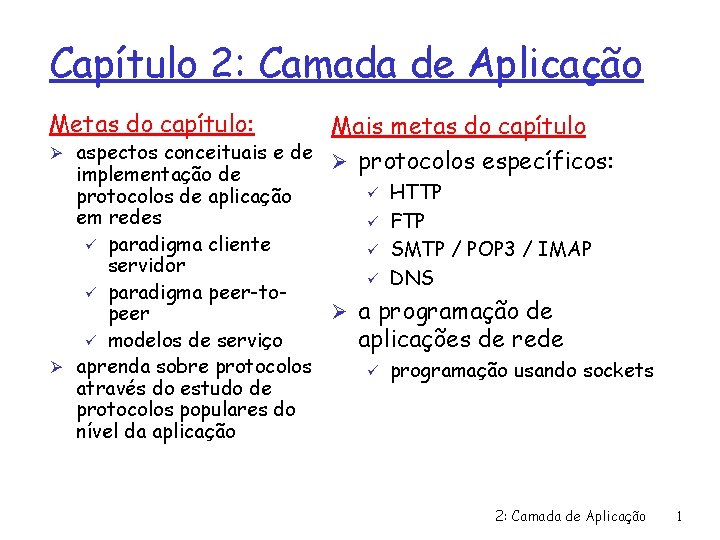 Capítulo 2: Camada de Aplicação Metas do capítulo: Ø Mais metas do capítulo aspectos