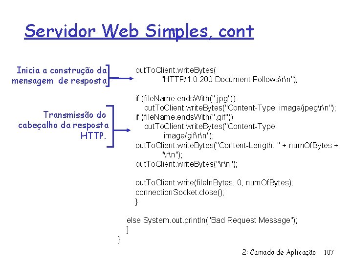 Servidor Web Simples, cont Inicia a construção da mensagem de resposta out. To. Client.