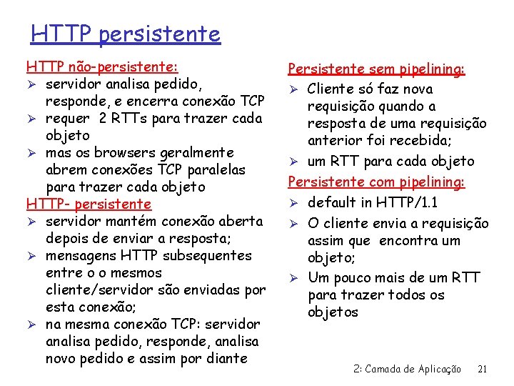 HTTP persistente HTTP não-persistente: Ø servidor analisa pedido, responde, e encerra conexão TCP Ø