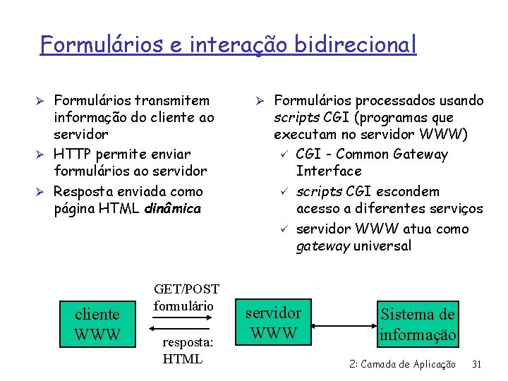 Formulários e interação bidirecional Ø Formulários transmitem informação do cliente ao servidor Ø HTTP