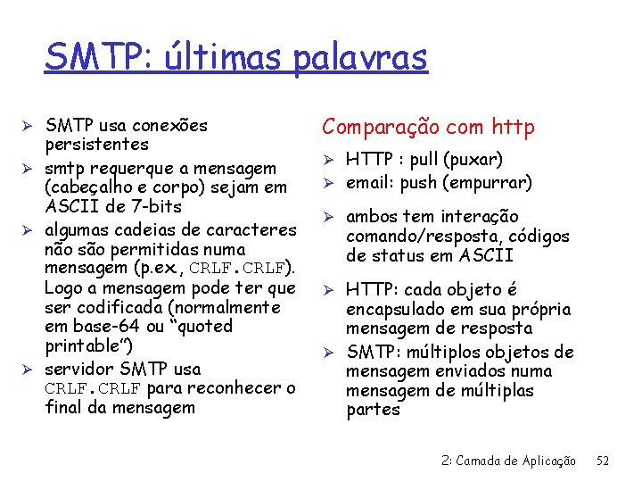 SMTP: últimas palavras Ø SMTP usa conexões persistentes Ø smtp requerque a mensagem (cabeçalho