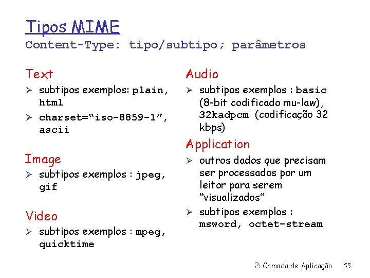 Tipos MIME Content-Type: tipo/subtipo; parâmetros Text Ø subtipos exemplos: plain, html Ø charset=“iso-8859 -1”,