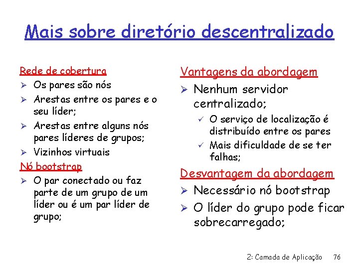 Mais sobre diretório descentralizado Rede de cobertura Ø Os pares são nós Ø Arestas