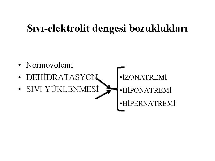 Sıvı-elektrolit dengesi bozuklukları • Normovolemi • DEHİDRATASYON • SIVI YÜKLENMESİ • İZONATREMİ • HİPERNATREMİ