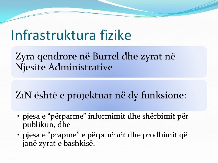 Infrastruktura fizike Zyra qendrore në Burrel dhe zyrat në Njesite Administrative Z 1 N